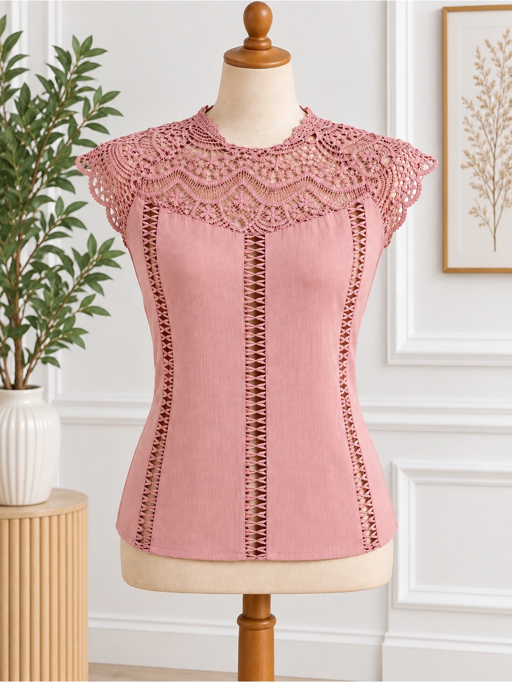 SHEIN Dusty Pink Crochet Yoke Sleeveless Camisole